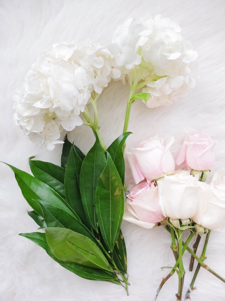 DIY Pink and White Floral Arrangement with Roses and Hydrangeas