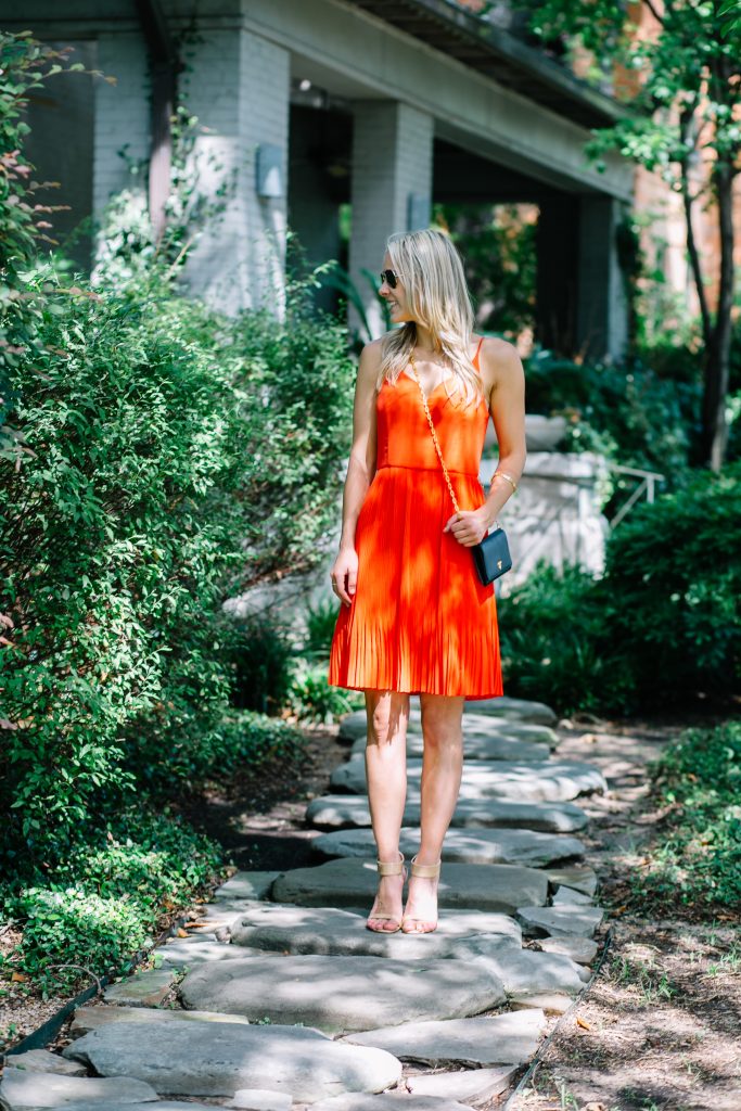 Red Nordstrom Dress with Nude Strap Sandals