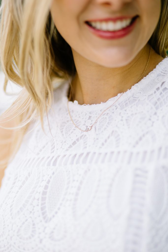 Smile with White Lace Dress Details and Gold Initial Necklace