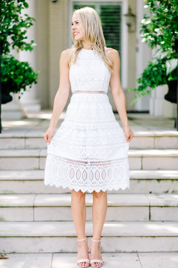White Lace Midi Dress on Stairs